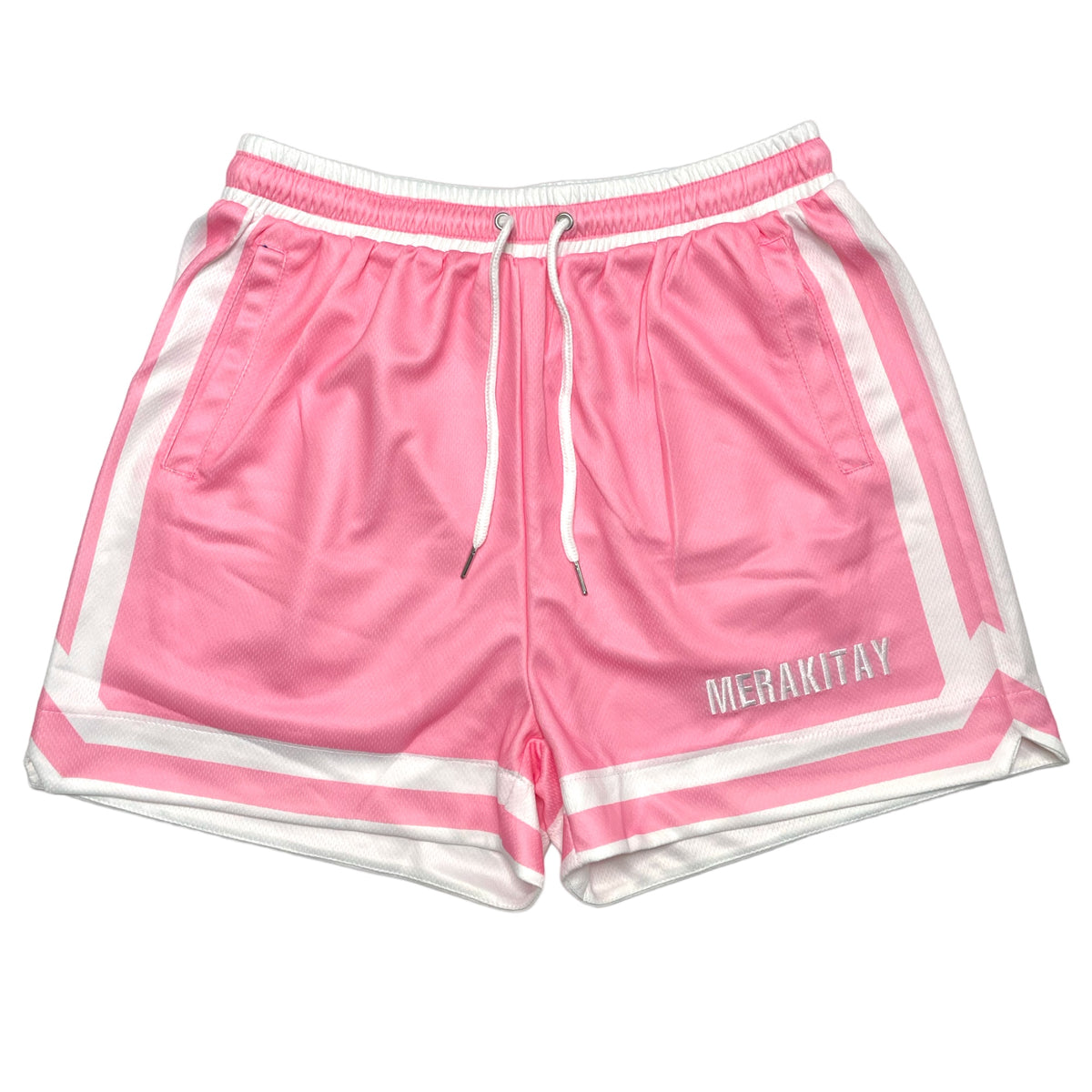 2 tone pink and white retro short basketball shorts with 3 pockets. Stretchy waistband with drawstrings and an embroidered MerakiTay.