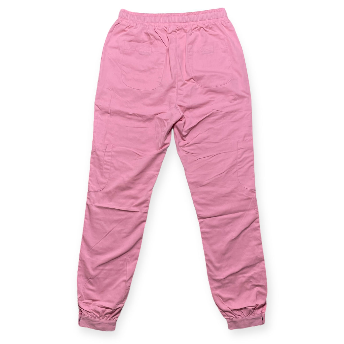 Pink cargo pants with 9 pockets, stretchy waistband, jogger or straight leg which is adjustable by buttons, embroidered logo, and a belt. Unisex and gender neutral fashion.