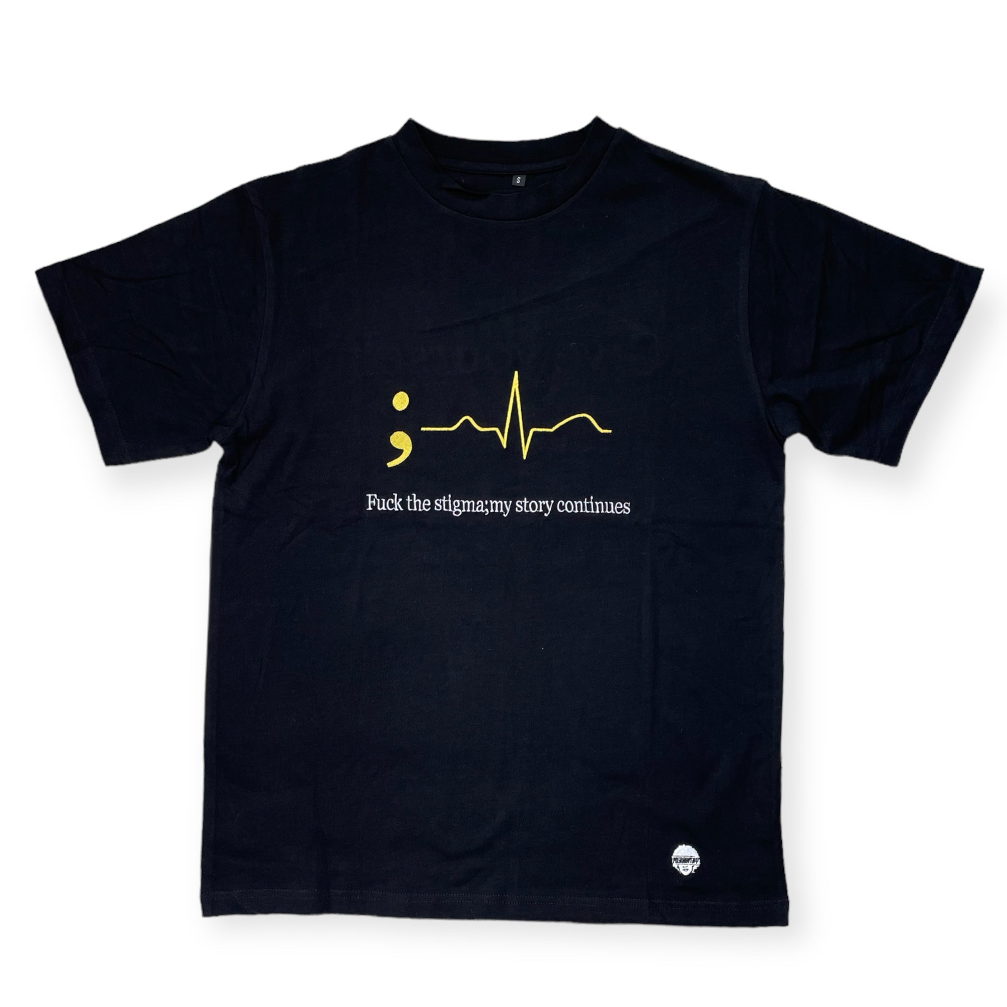 All embroidered mental health merakitay tee shirt. Stigma tee. Semi colon tee. Fuck the stigma, my story continues tee. Suicide prevention hotline tee. Give yourself a chance. Embroidered logo. Black with yellow and white embroidery.
