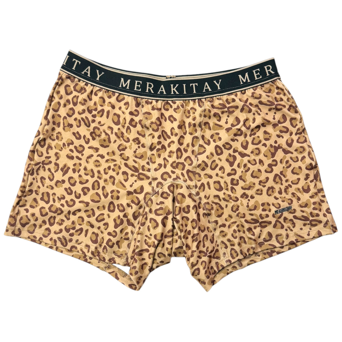A pair of leopard print boxer briefs with a black elastic waistband featuring the brand name 'MERAKITAY' in gold lettering.