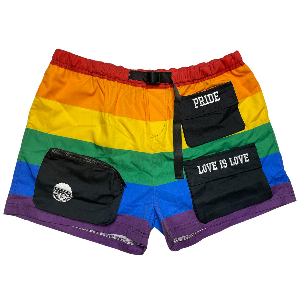 Gender neutral cargo shorts. Rainbow in color, embroidered logo and words, adjustable waistband, includes belt, and has six (6) pockets. Mid-thigh length, 3-5 inch inseam. Unisex shorts. LGBTQ+ pride cargo shorts perfect for parades.