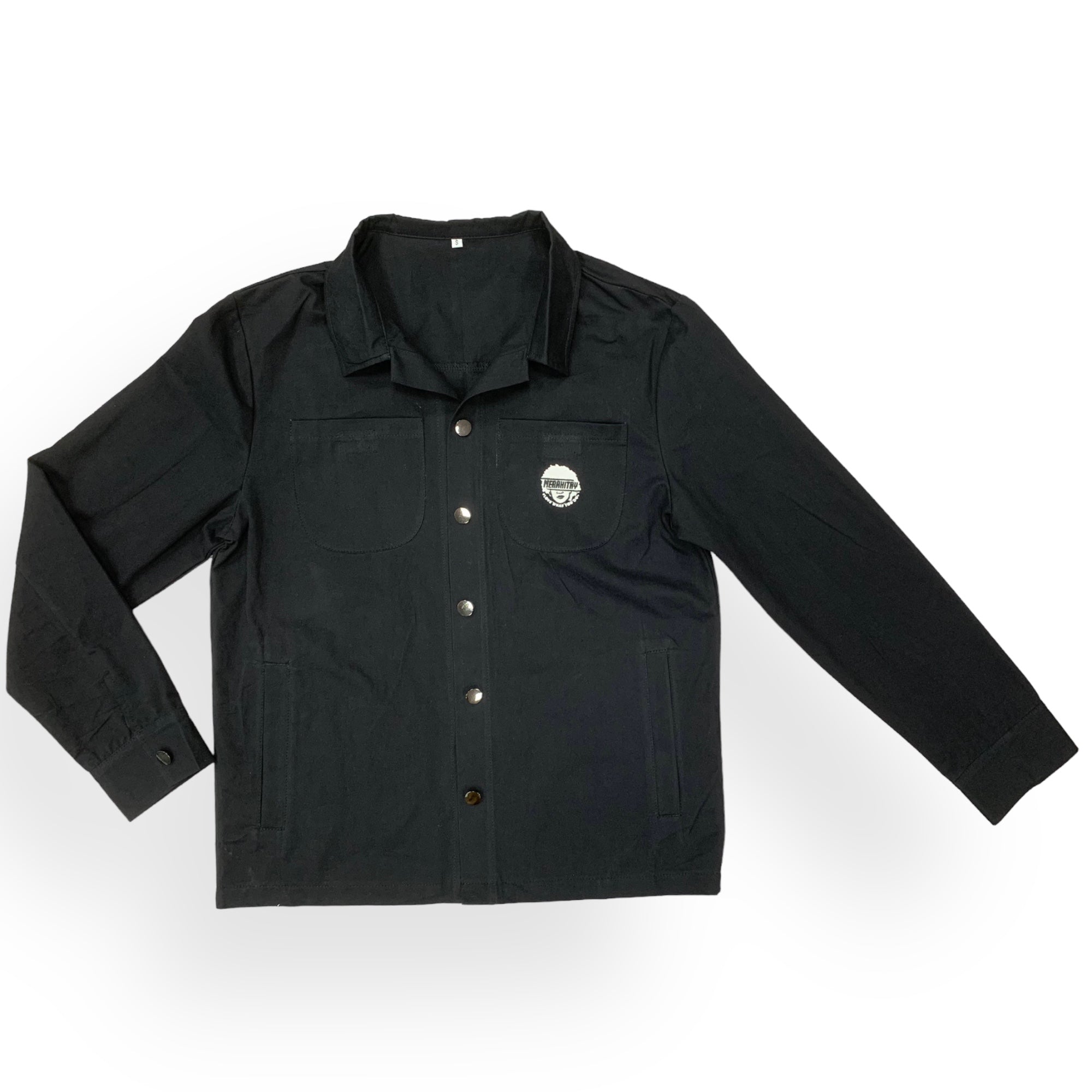 Black cargo/ trucker jacket with 4 pockets and buttons for cuffs. Buttons are in the middle of the jacket  to button up if need be. There is a collar as well to be dressed up or dressed down. Embroidered logo. Unisex or gender neutral clothing. 