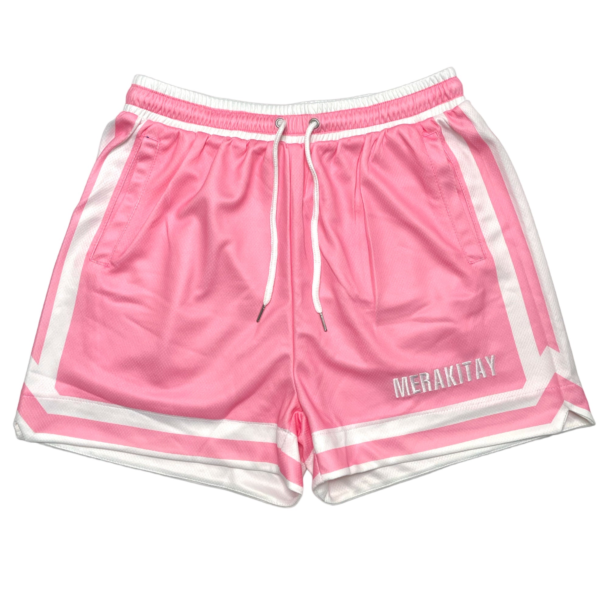 2 tone pink and white retro short basketball shorts with 3 pockets. Stretchy waistband with drawstrings and an embroidered MerakiTay. 