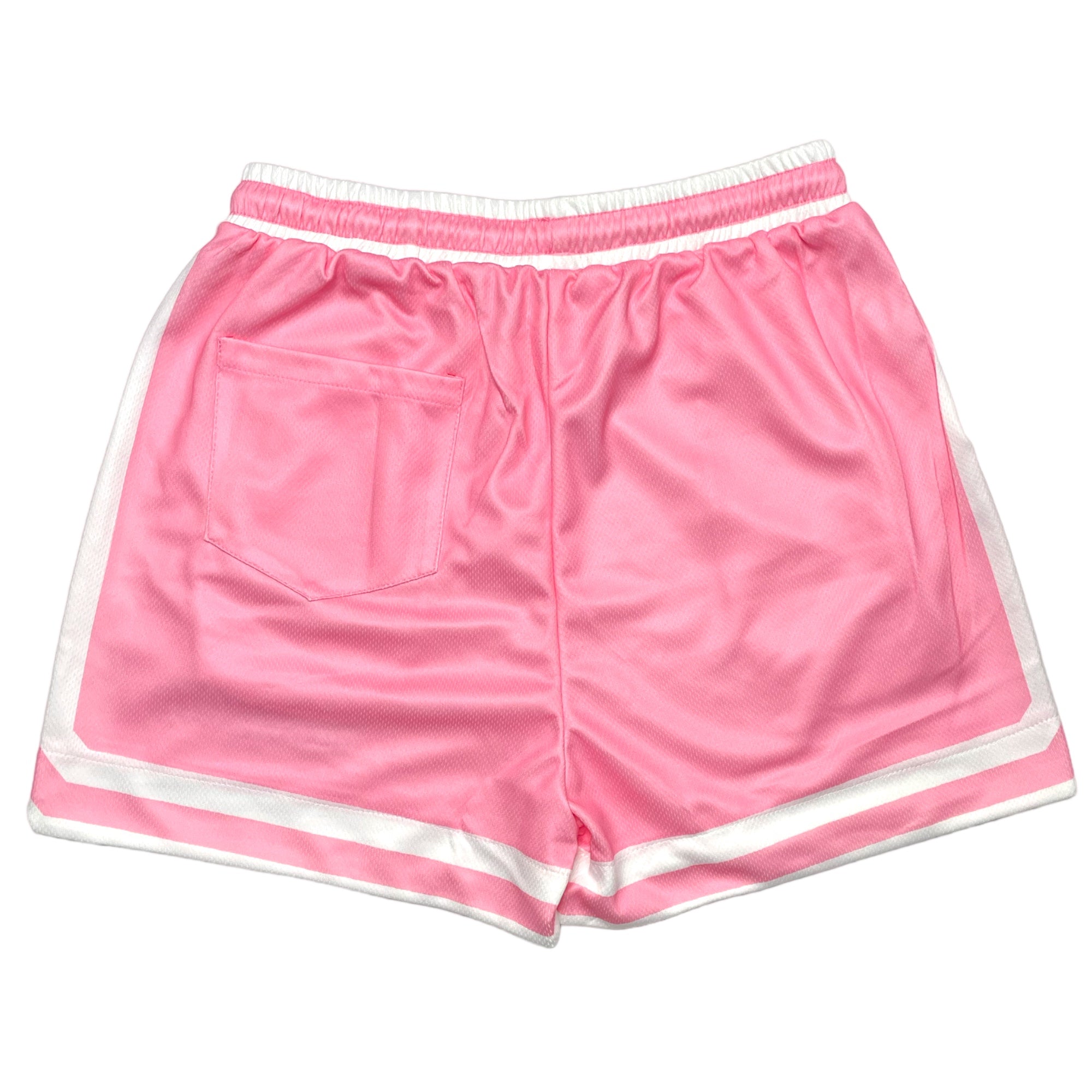 2 tone pink and white retro short basketball shorts with 3 pockets. Stretchy waistband with drawstrings and an embroidered MerakiTay. 
