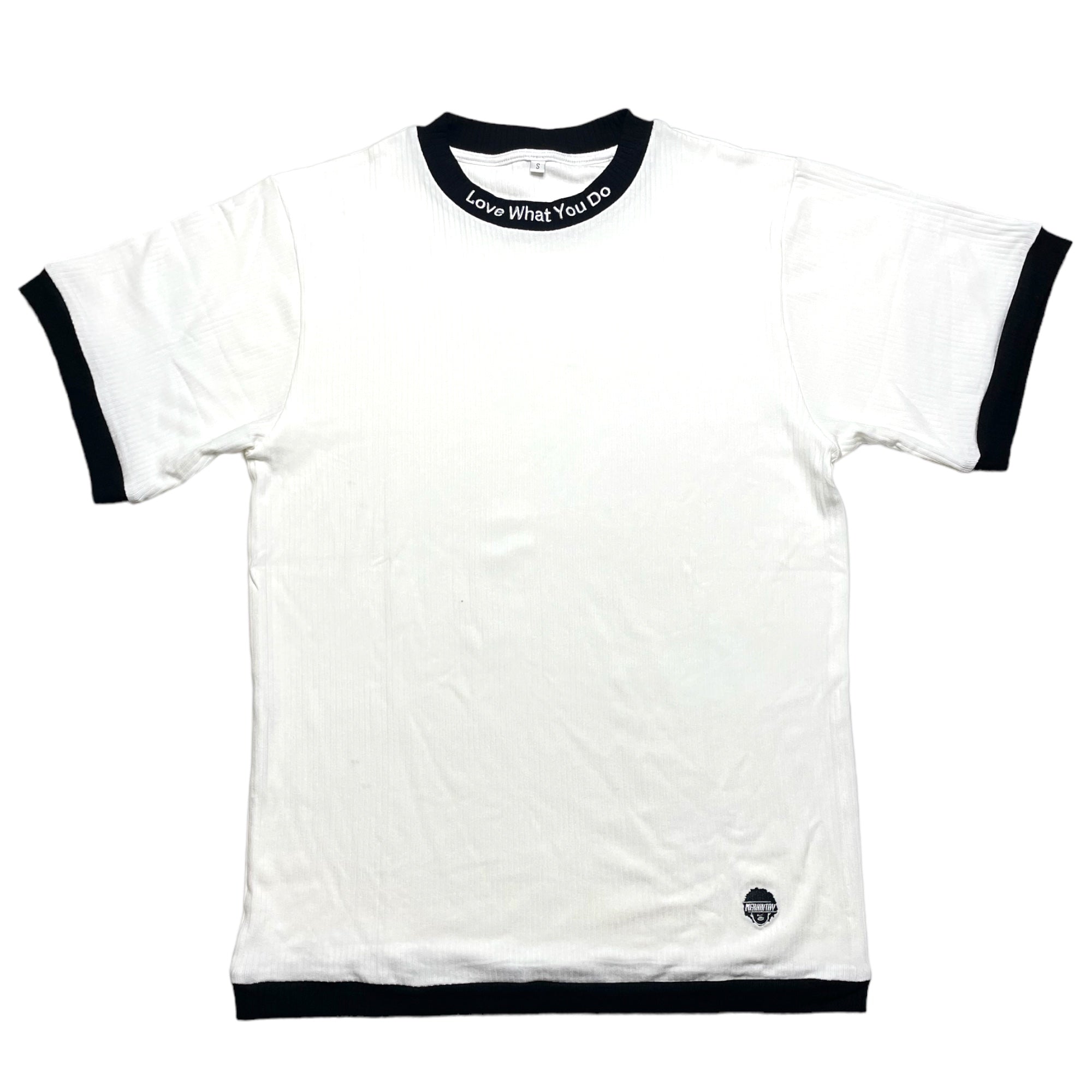 Ribbed two tone black and white dressy tee. Embroidered neckline love what you do and embroidered logo. Crew neck and fitted neckline. Nonbinary, unisex, gender-neutral ribbed tee. 