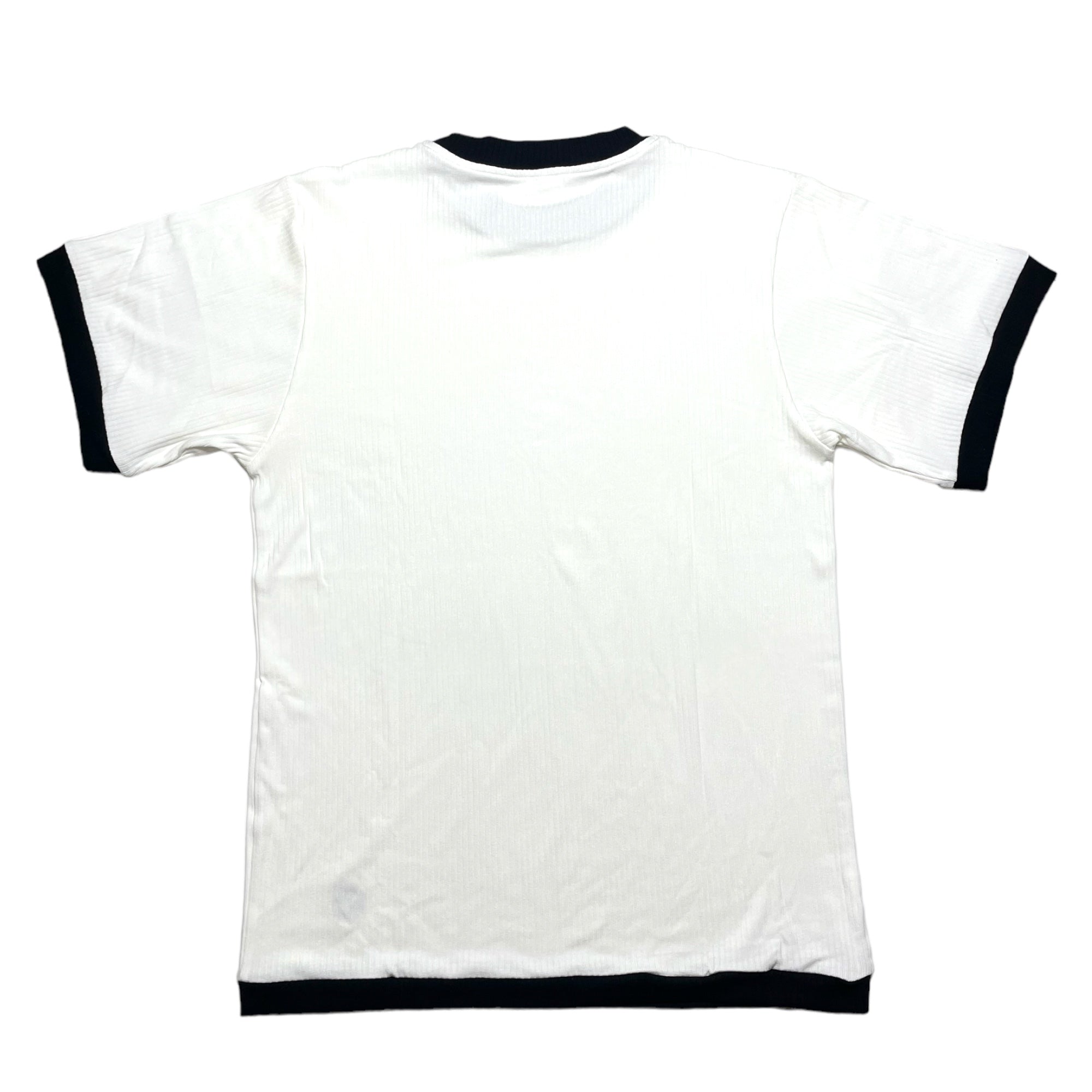 Ribbed two tone black and white dressy tee. Embroidered neckline love what you do and embroidered logo. Crew neck and fitted neckline. Nonbinary, unisex, gender-neutral ribbed tee. 