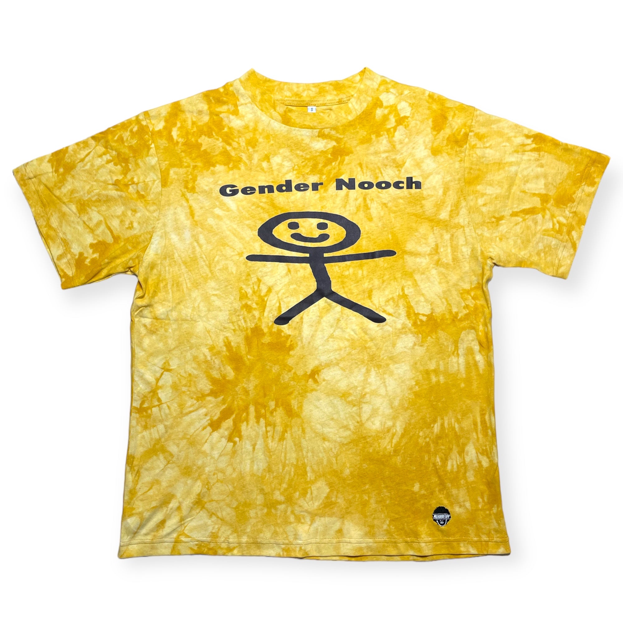 Acid wash yellow gender-neutral tee shirt. Embroidered logo and screen printed. crew neck with tighter neckline, and short sleeves. Unisex, nonbinary clothing. 