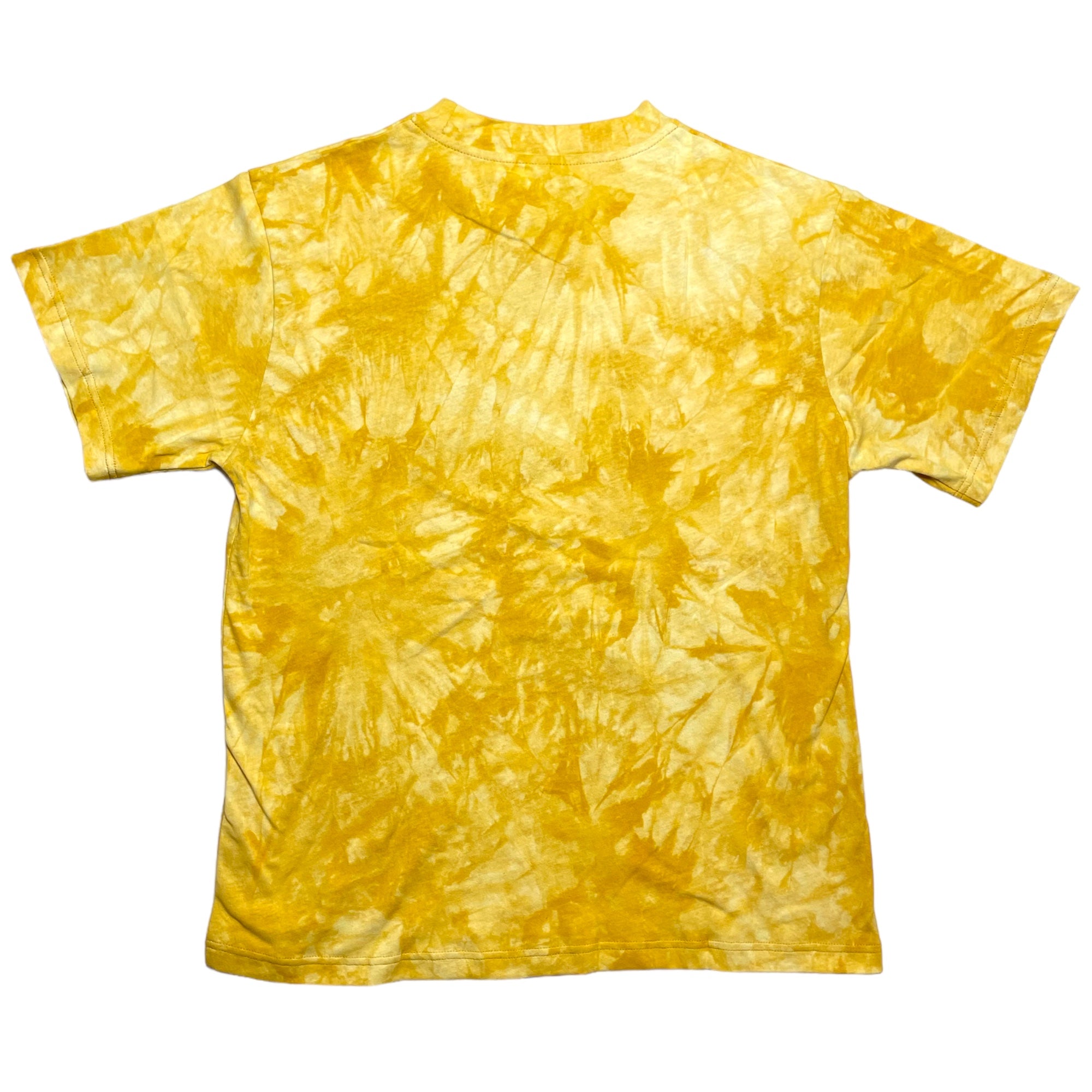 Acid wash yellow gender-neutral tee shirt. Embroidered logo and screen printed. crew neck with tighter neckline, and short sleeves. Unisex, nonbinary clothing. 