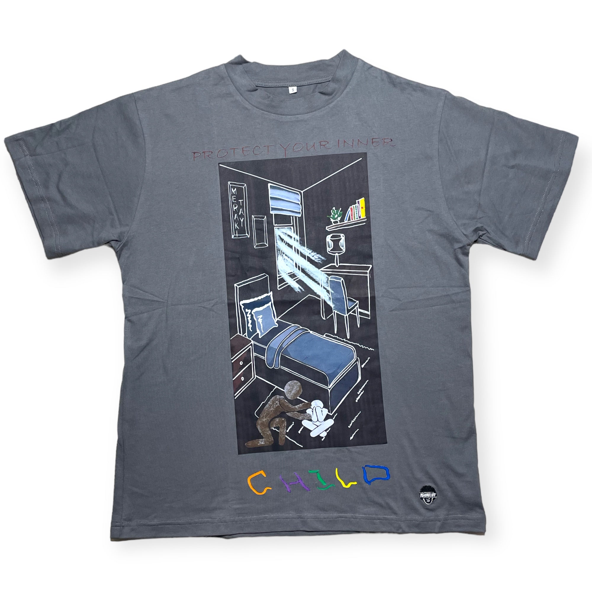Gender neutral original artwork tee. Overcoming depression, hugging yourself as a child. Protecting your inner child tee. Gray Screenprinted tee. original artwork. Unisex tees. Tighter neckline crewneck. 