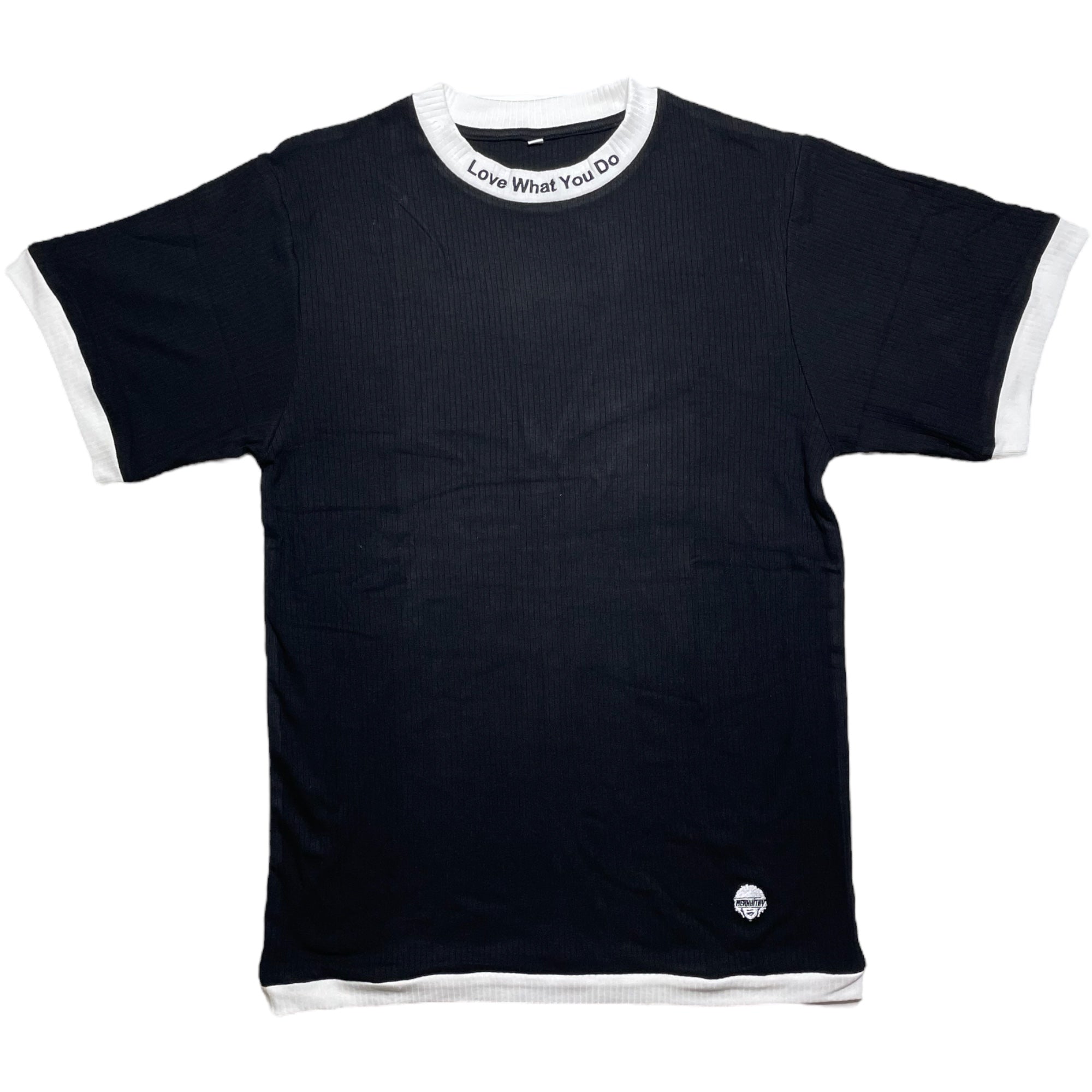 Ribbed two tone black and white dressy tee. Embroidered neckline love what you do and embroidered logo. Crew neck and fitted neckline. Nonbinary, unisex, gender-neutral ribbed tee. 