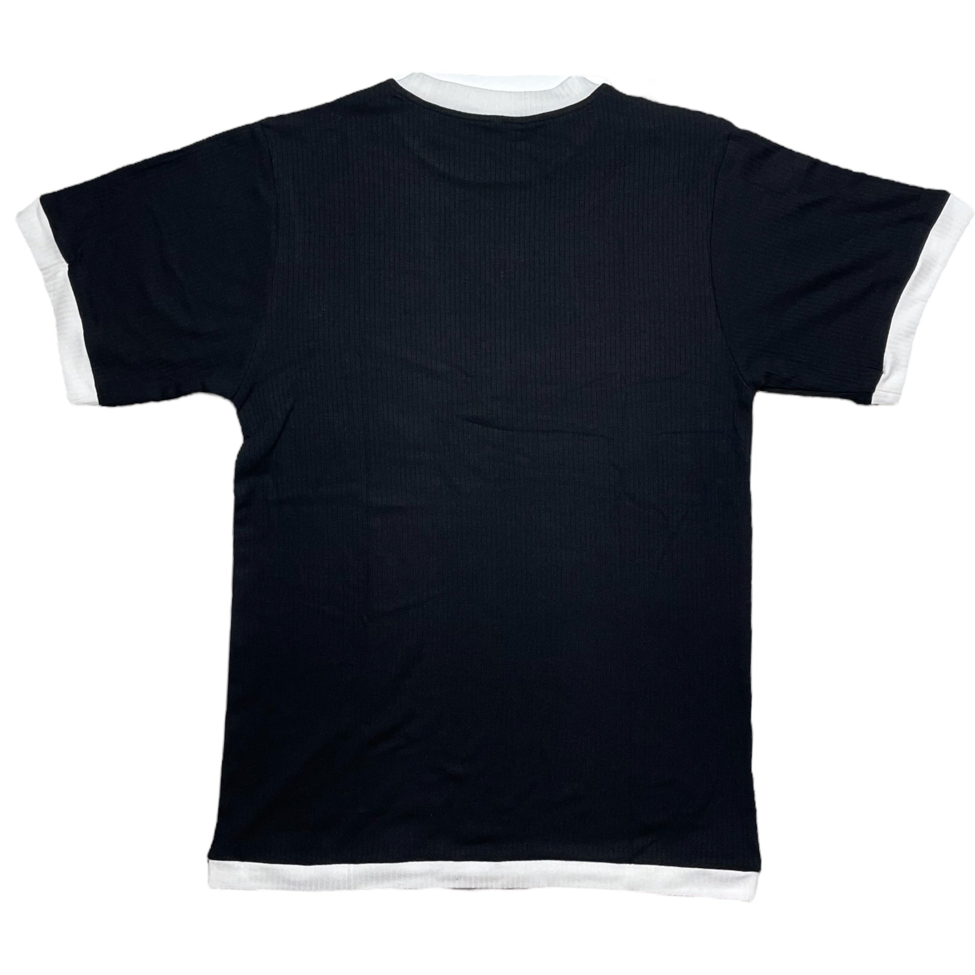 Ribbed two tone black and white dressy tee. Embroidered neckline love what you do and embroidered logo. Crew neck and fitted neckline. Nonbinary, unisex, gender-neutral ribbed tee. 