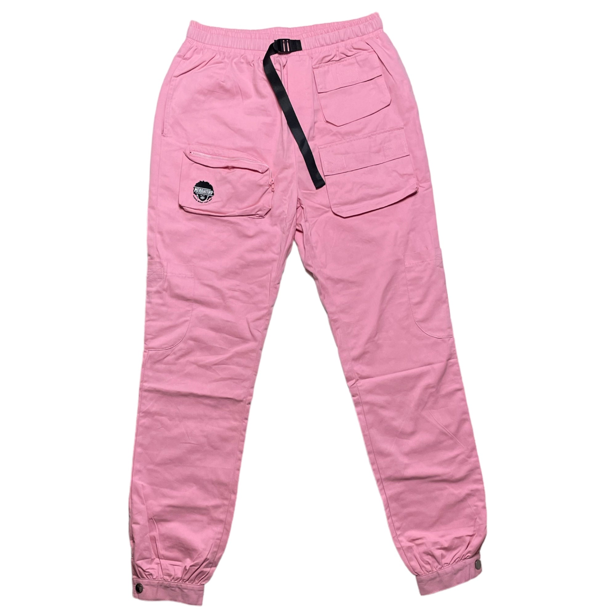 Pink cargo pants with 9 pockets, stretchy waistband, jogger or straight leg which is adjustable by buttons, embroidered logo, and a belt. Unisex and gender neutral fashion.