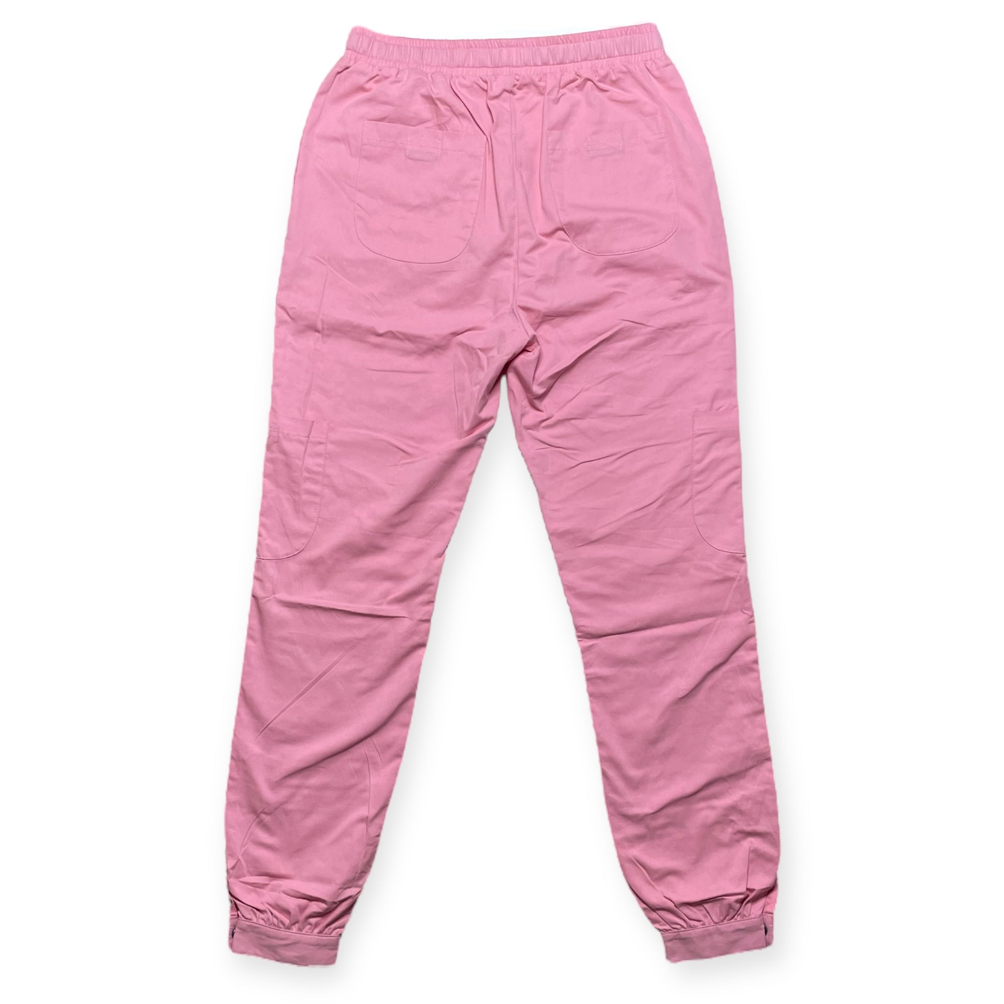 Pink cargo pants with 9 pockets, stretchy waistband, jogger or straight leg which is adjustable by buttons, embroidered logo, and a belt. Unisex and gender neutral fashion.