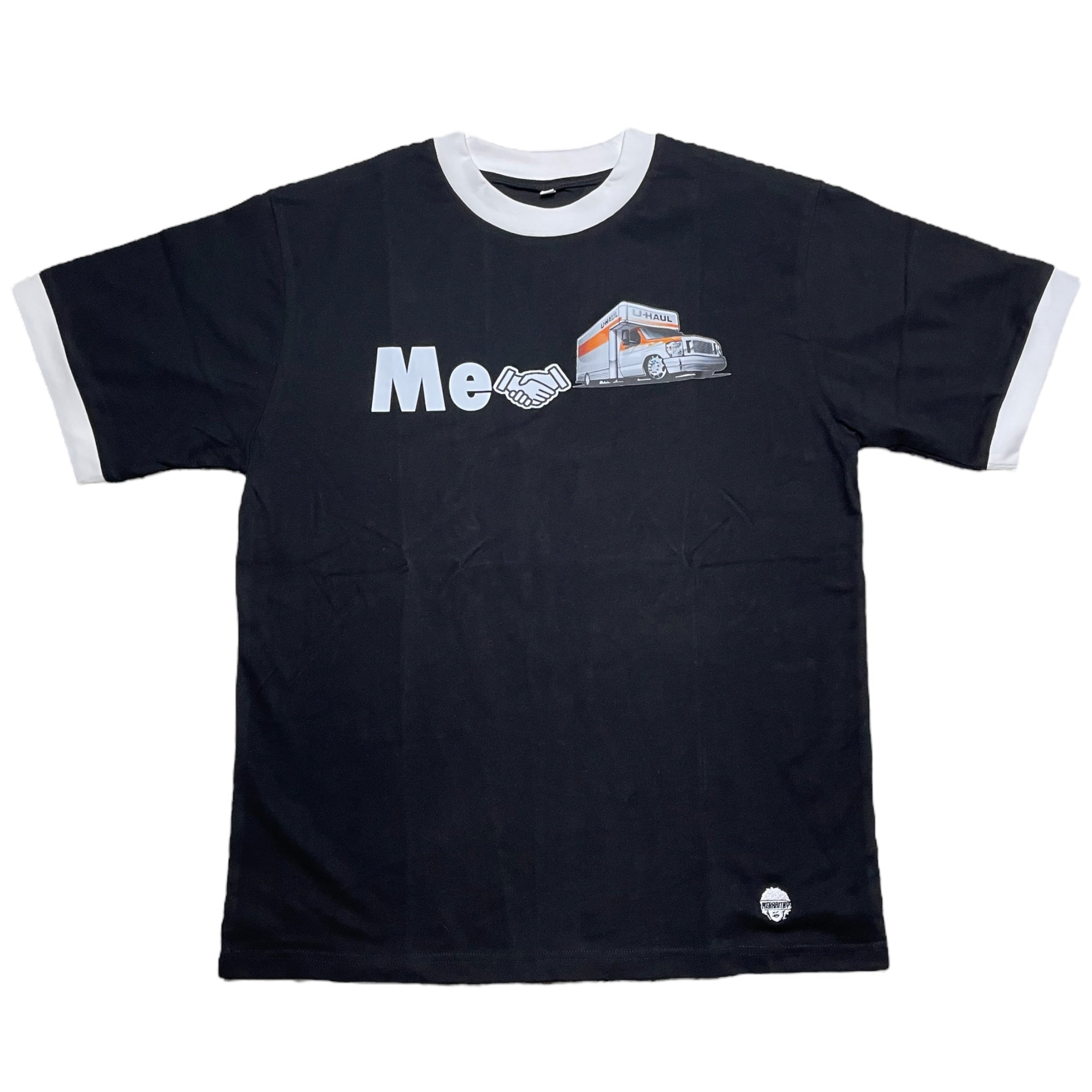 2 tone black and white tee shirt with words me handshake uhaul. Embroidered loo, crew neckline. Thick material, Lesbian joke pride tee shirt. 