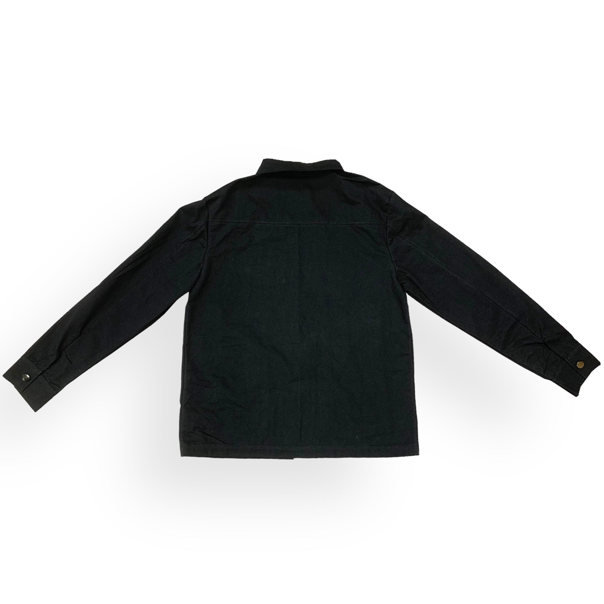 Black cargo/ trucker jacket with 4 pockets and buttons for cuffs. Buttons are in the middle of the jacket  to button up if need be. There is a collar as well to be dressed up or dressed down. Embroidered logo. Unisex or gender neutral clothing. 