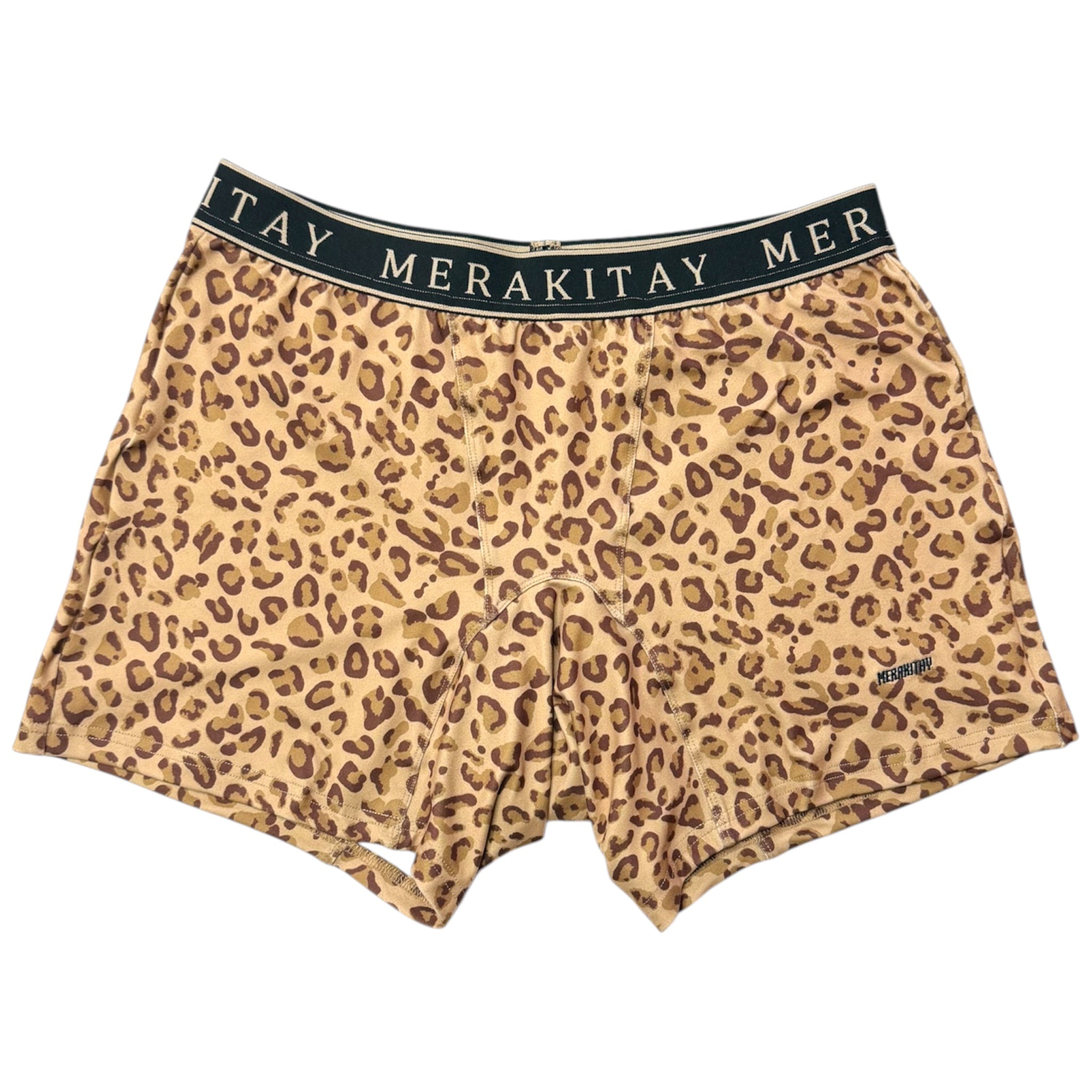 A pair of leopard print boxer briefs with a black elastic waistband featuring the brand name 'MERAKITAY' in gold lettering.