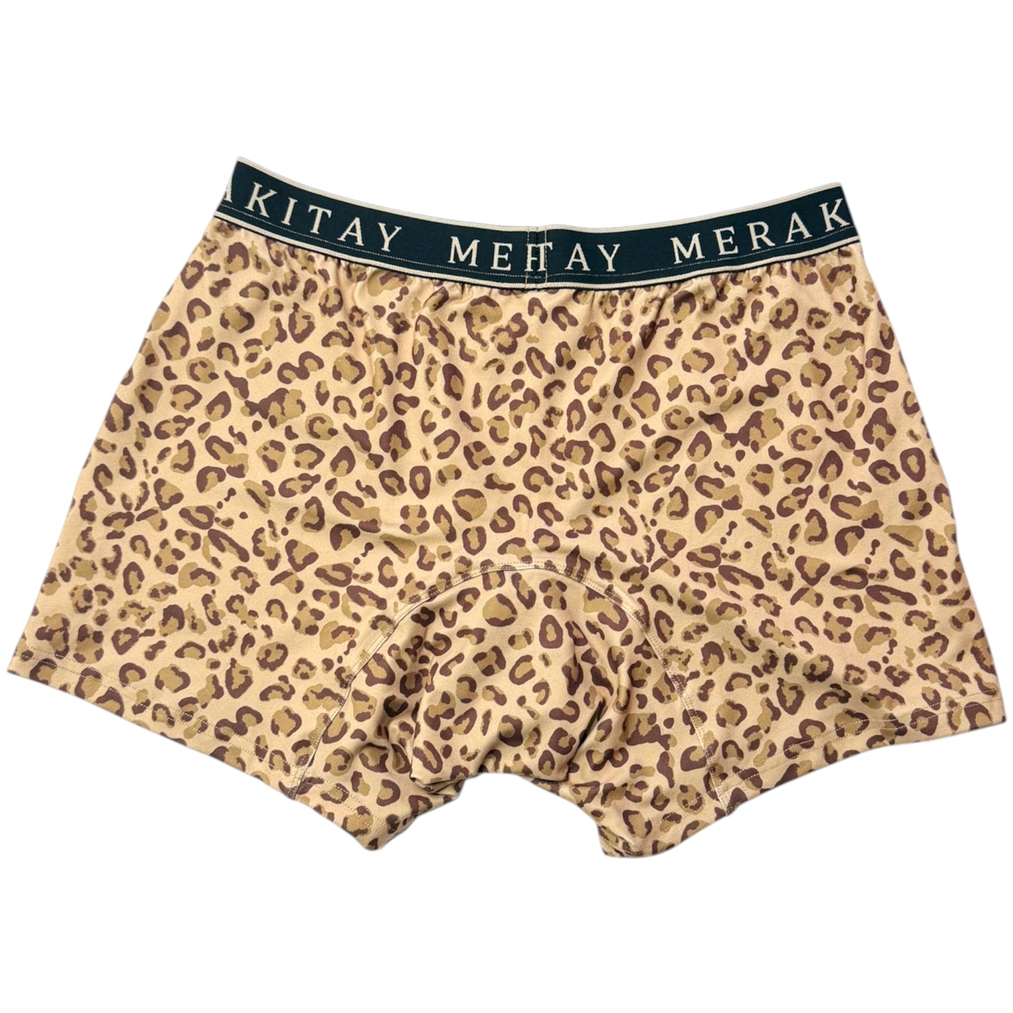 A pair of boxer briefs featuring a beige and brown leopard print pattern, with a black elastic waistband printed with the brand name 'MERAKITAY' in gold lettering.