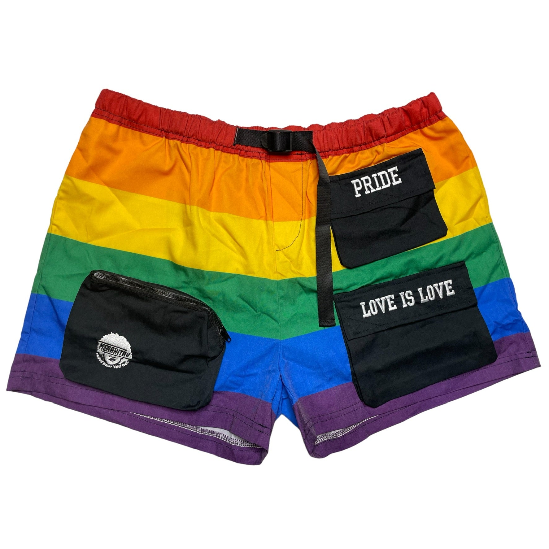 Gender neutral cargo shorts. Rainbow in color, embroidered logo and words, adjustable waistband, includes belt, and has six (6) pockets. Mid-thigh length, 3-5 inch inseam. Unisex shorts. LGBTQ+ pride cargo shorts perfect for parades. 