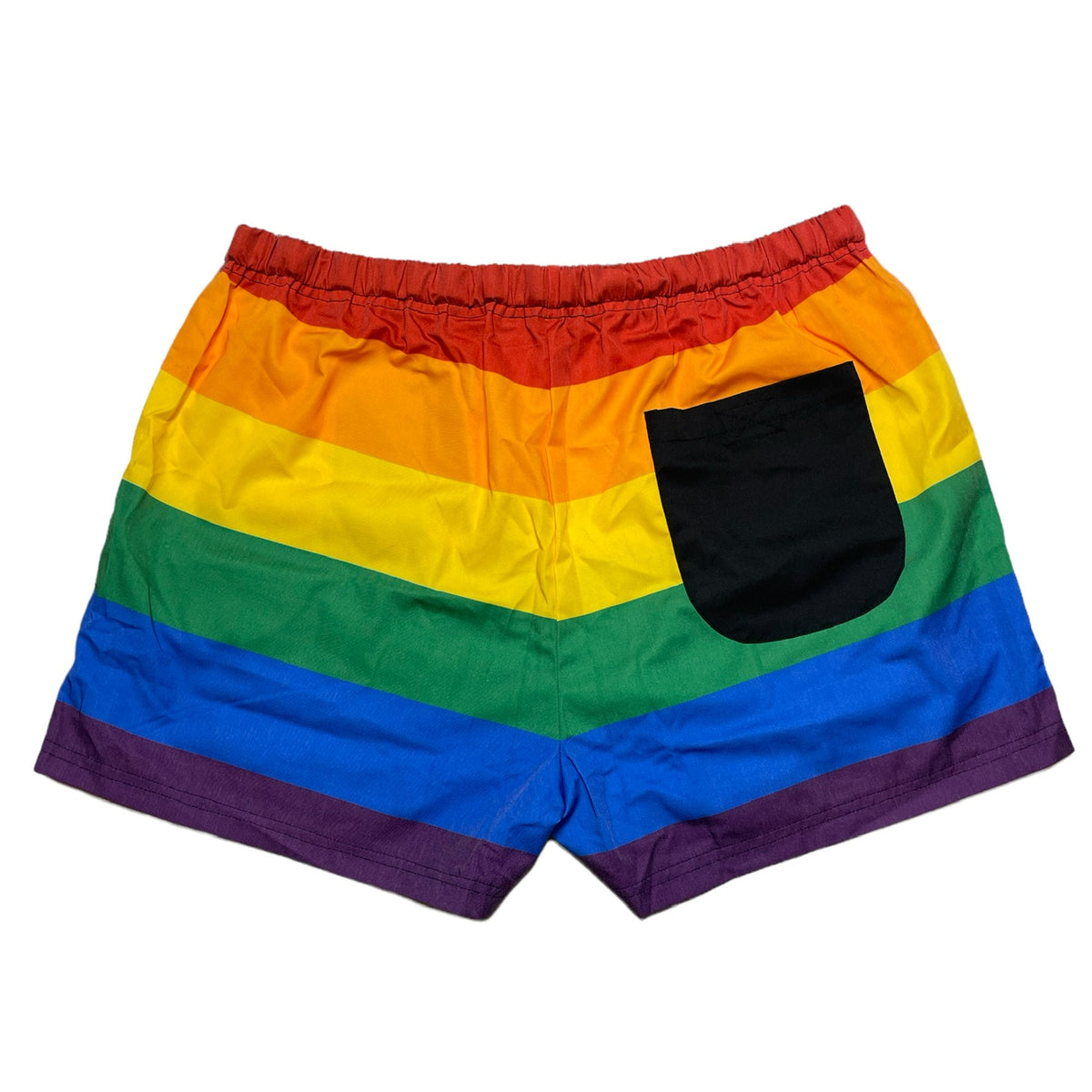 Gender neutral cargo shorts. Rainbow in color, embroidered logo and words, adjustable waistband, includes belt, and has six (6) pockets. Mid-thigh length, 3-5 inch inseam. Unisex shorts. LGBTQ+ pride cargo shorts perfect for parades. 