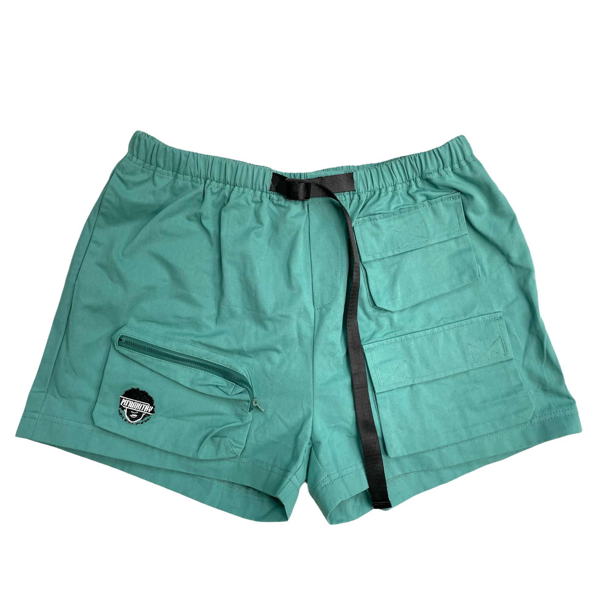 Gender neutral cargo shorts. Teal or blue in color, embroidered logo, adjustable waistband, includes belt, and has six (6) pockets. Mid-thigh length, 3-5 inch inseam. Unisex shorts.