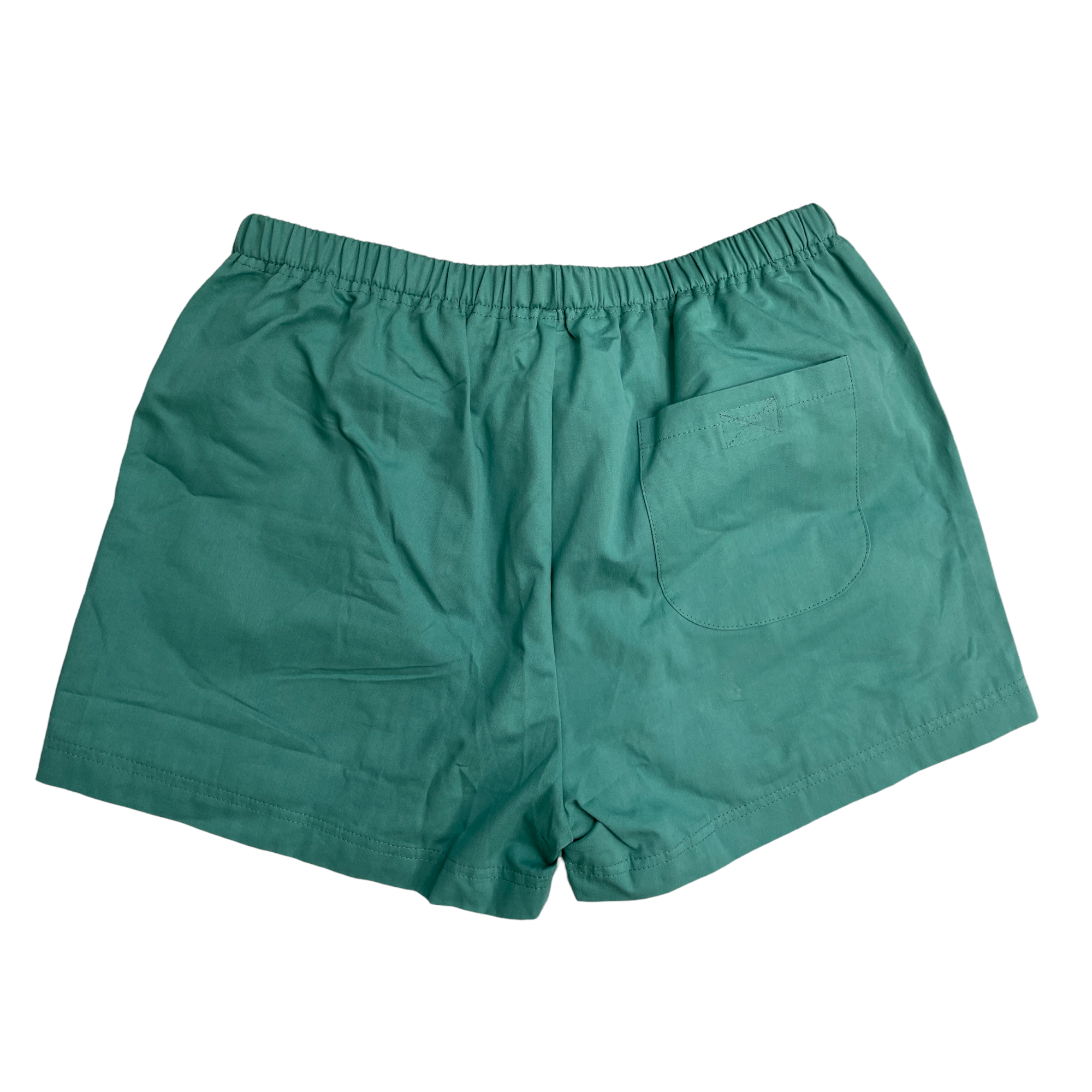 Gender neutral cargo shorts. Teal or blue in color, embroidered logo, adjustable waistband, includes belt, and has six (6) pockets. Mid-thigh length, 3-5 inch inseam. Unisex shorts.