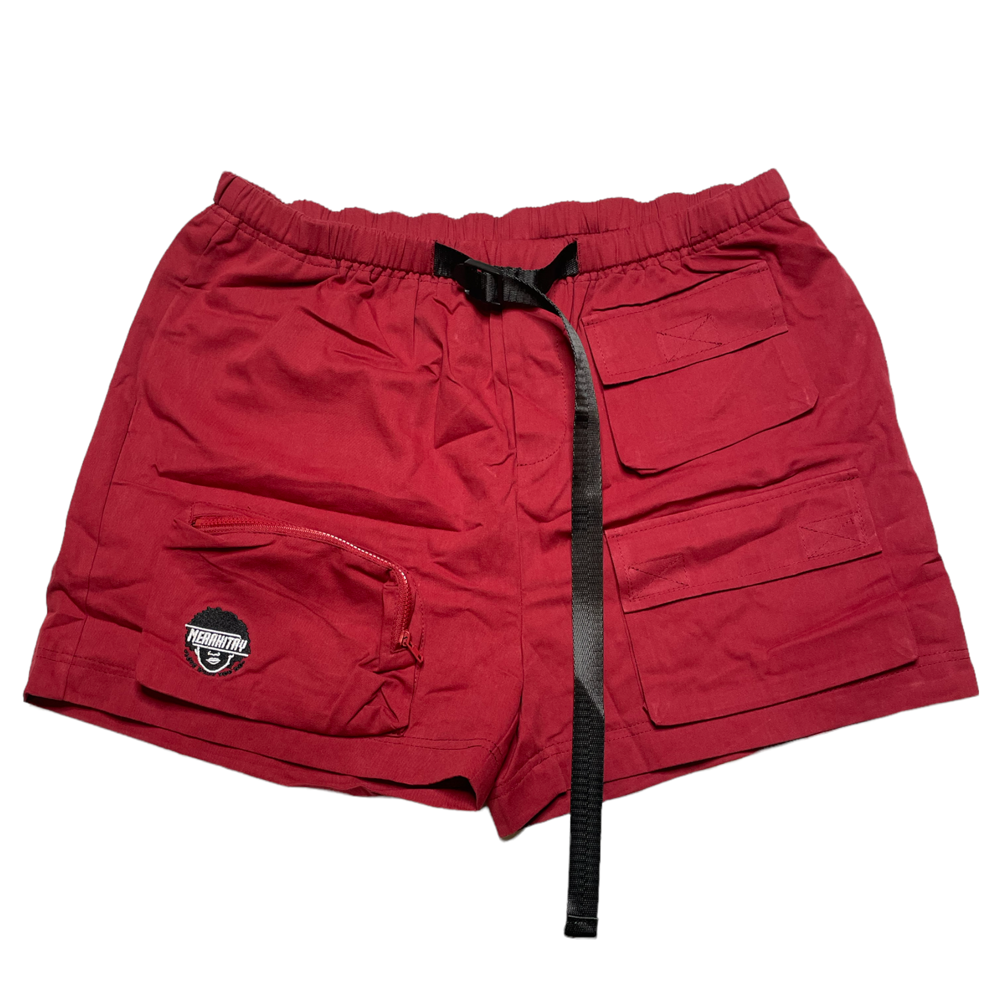 Gender neutral cargo shorts. Burgundy or red in color, embroidered logo, adjustable waistband, includes belt, and has six (6) pockets. Mid-thigh length, 3-5 inch inseam. Unisex shorts.