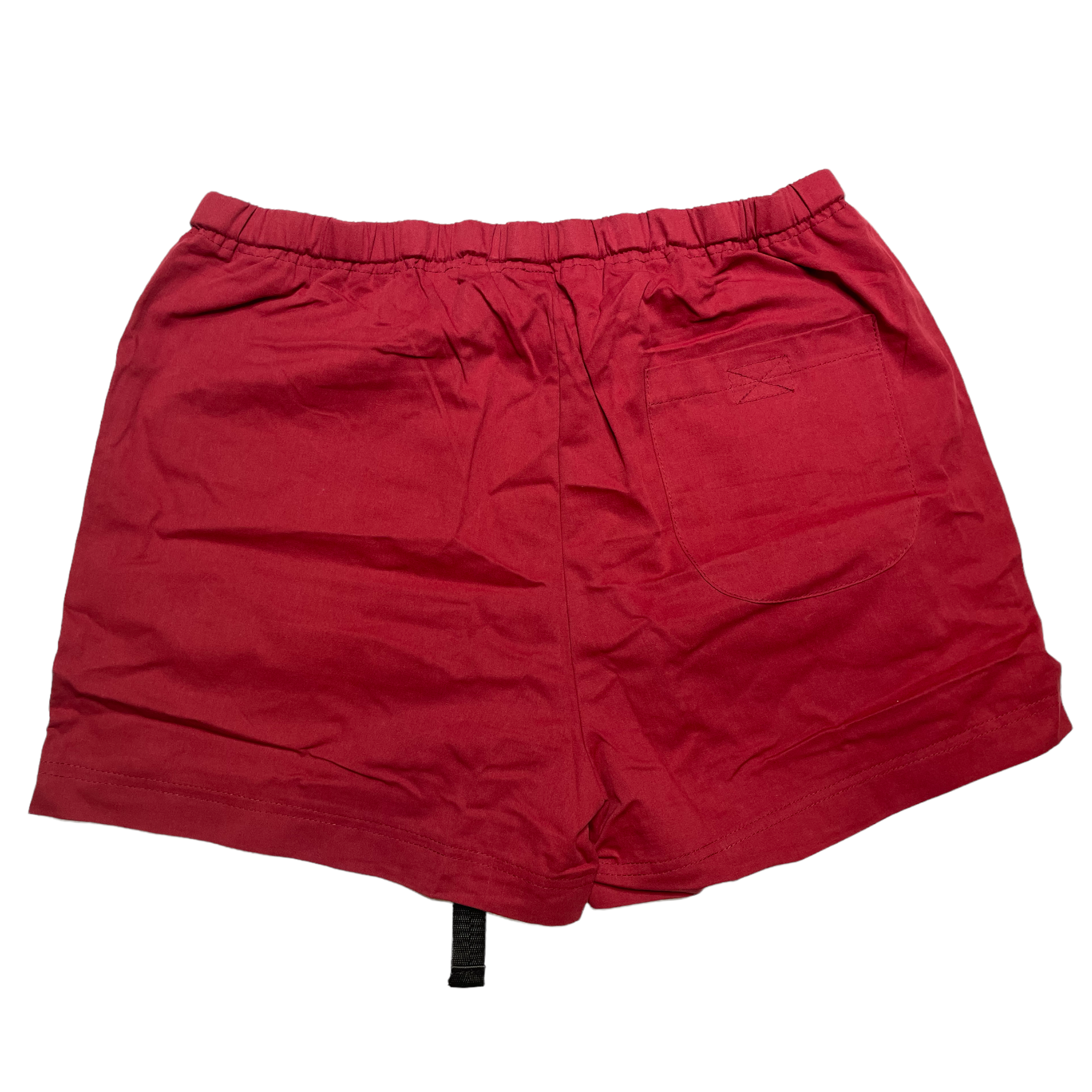Gender neutral cargo shorts. Burgundy or red in color, embroidered logo, adjustable waistband, includes belt, and has six (6) pockets. Mid-thigh length, 3-5 inch inseam. Unisex shorts.