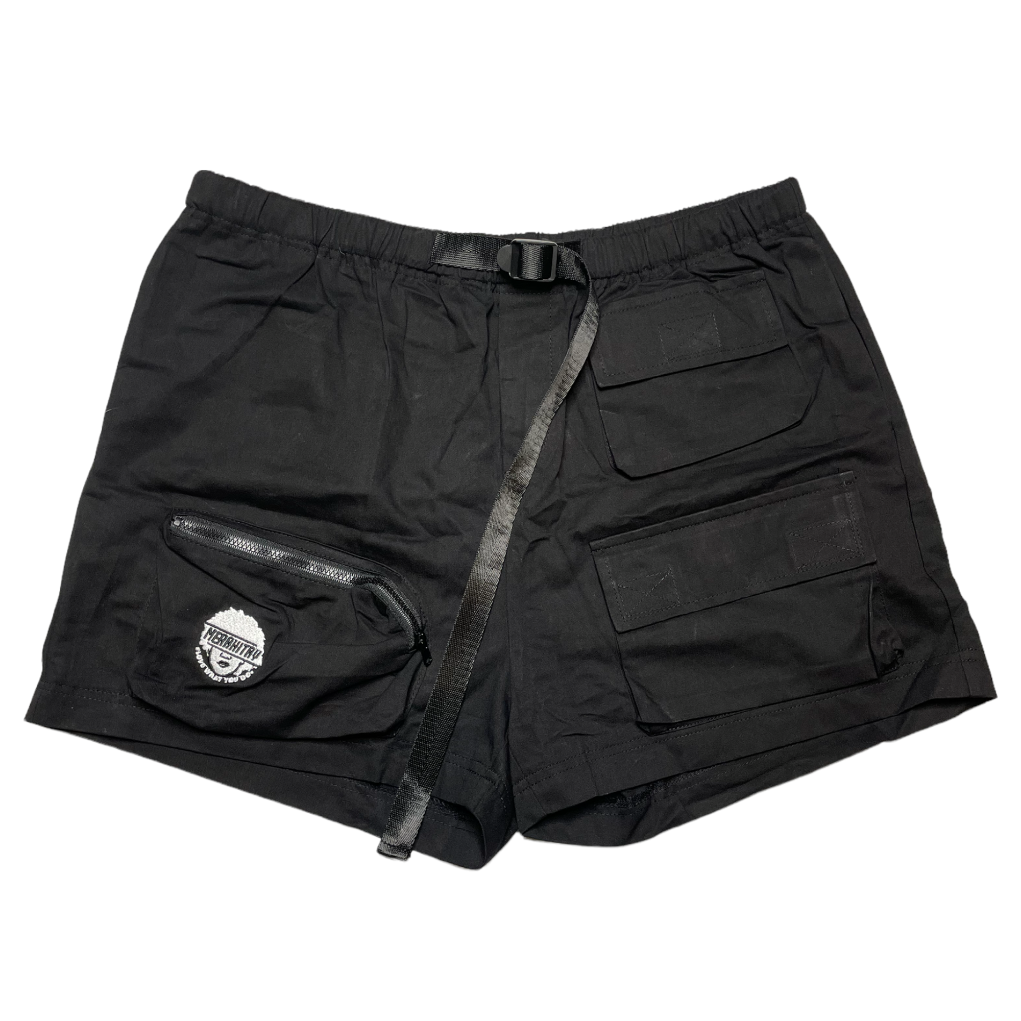 Gender neutral cargo shorts. Black in color, embroidered logo, adjustable waistband, includes belt, and has six (6) pockets. Mid-thigh length, 3-5 inch inseam.